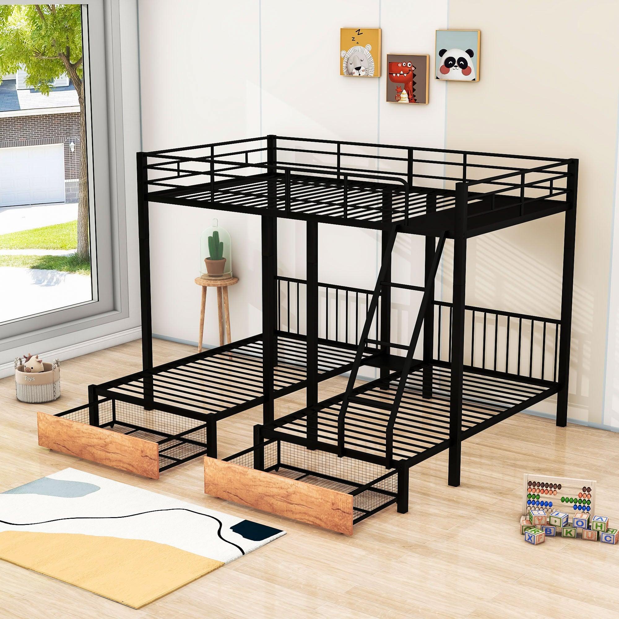 Full Over Twin & Twin Triple Bunk Beds with Storage - [Metal, Drawers, Table]