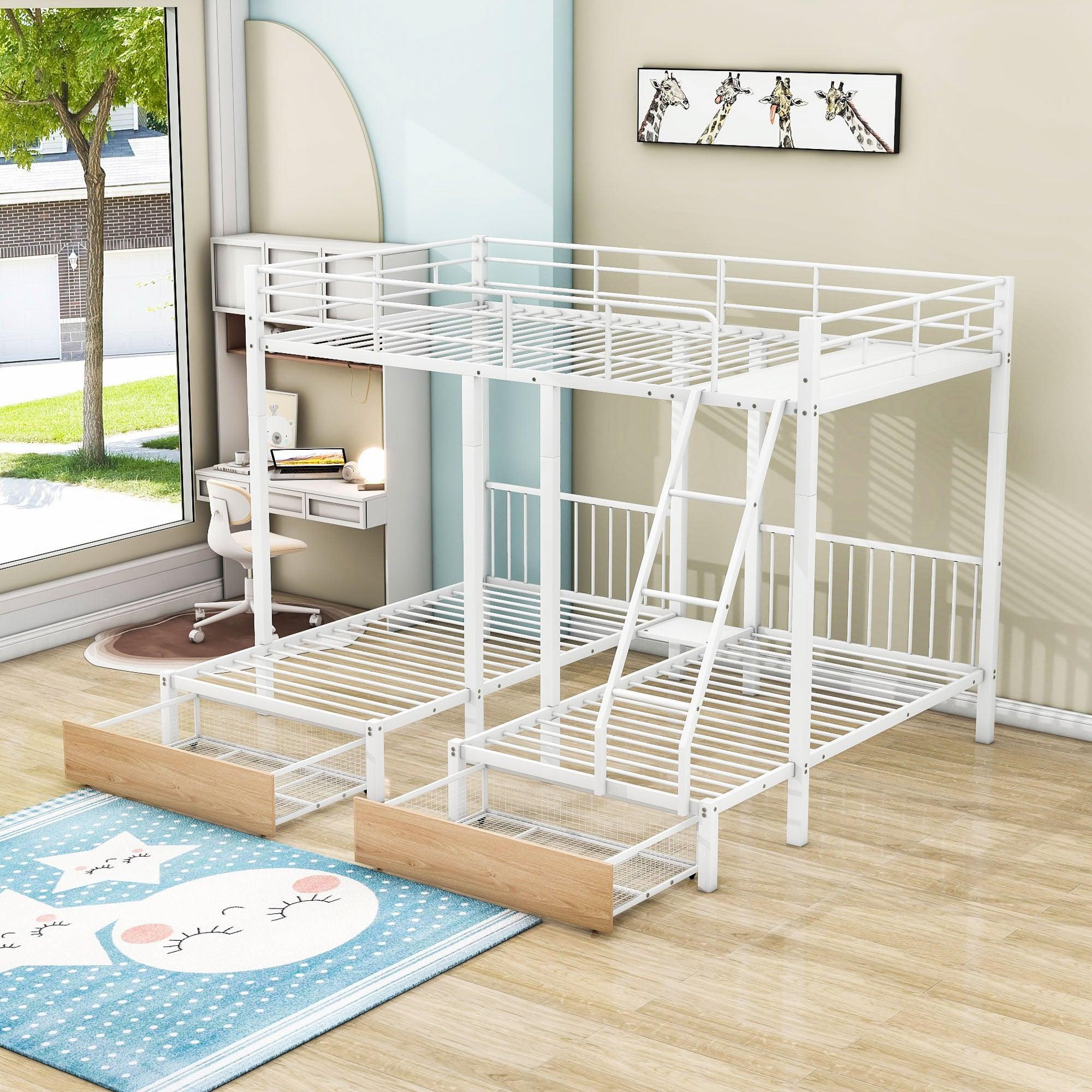 Full Over Twin & Twin Triple Bunk Beds with Storage - [Metal, Drawers, Table]