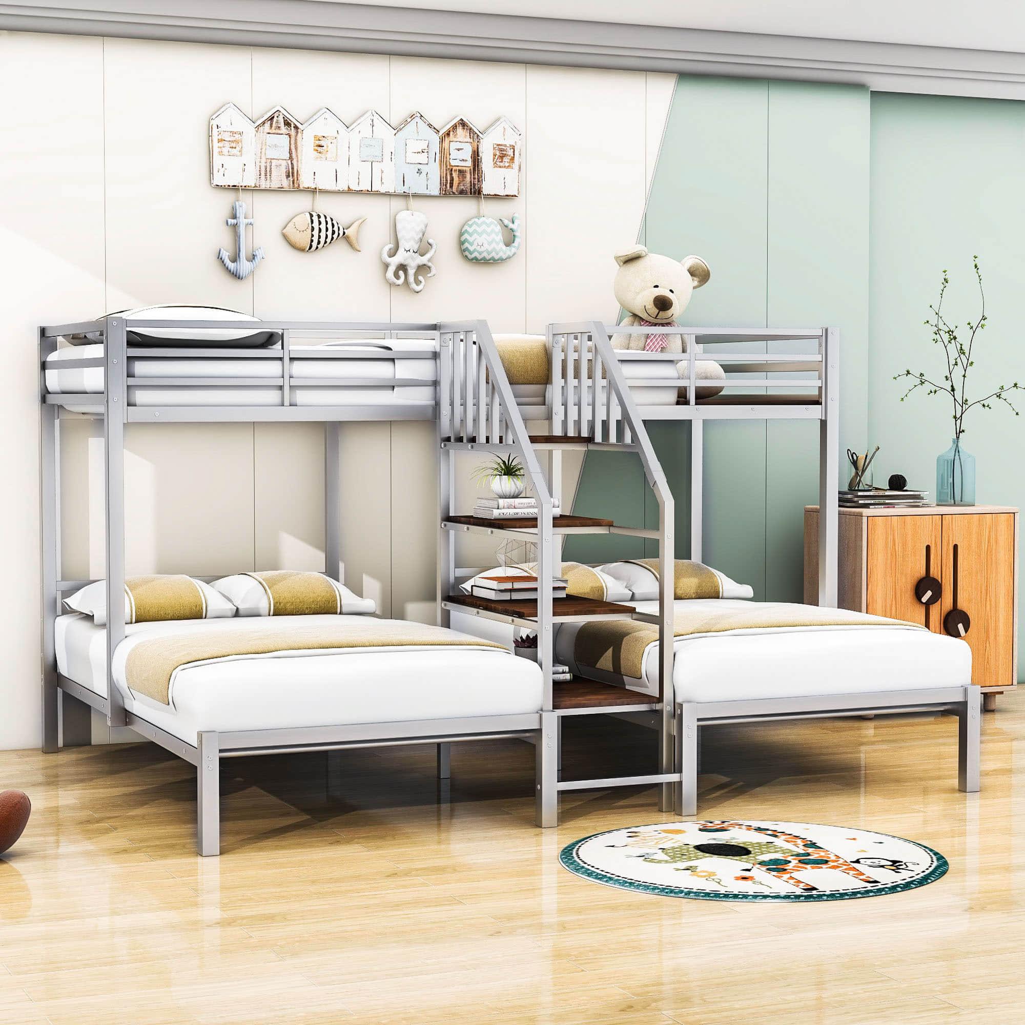 Twin Over Twin & Twin Triple Bunk Beds with Stairs and Storage - [Metal, Shelves]