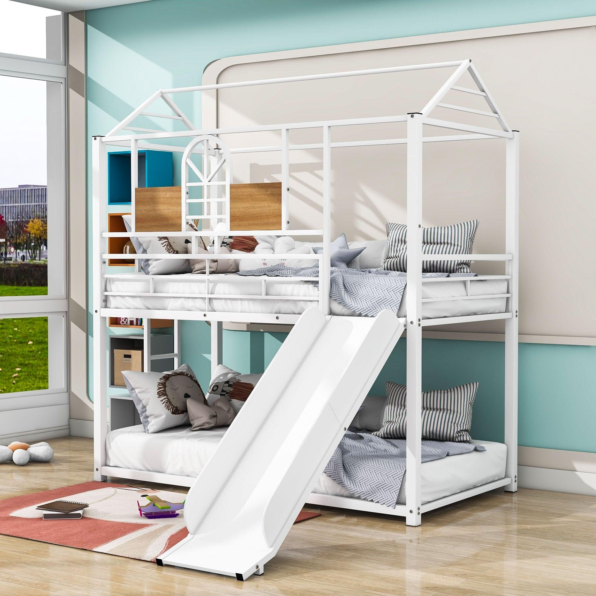 Low House Twin Over Twin Bunk Beds with Slide for Kids Toddler - [Metal]