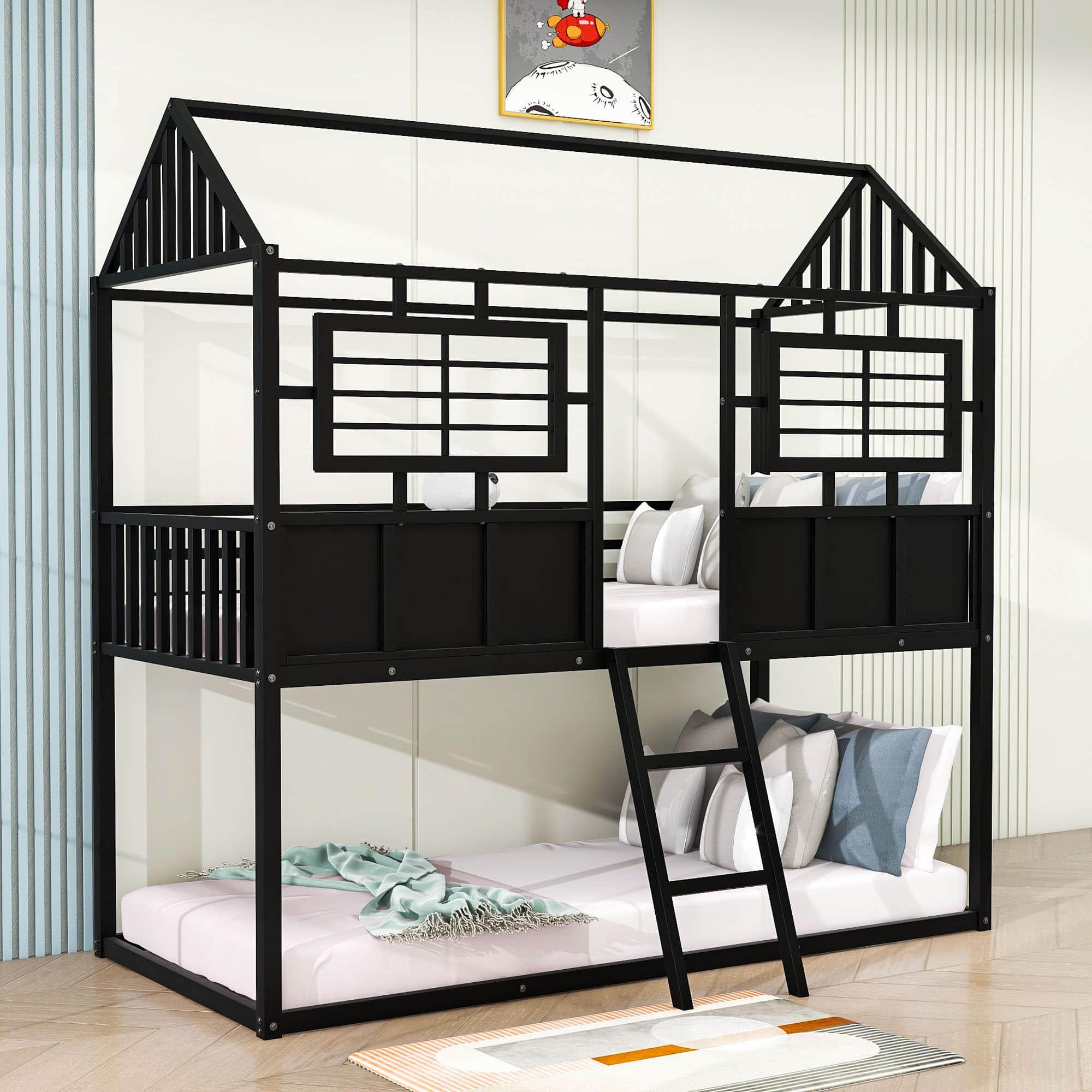 Twin Over Twin Low House Bunk Beds for Kids, Toddler - [Metal, Floor, Black]