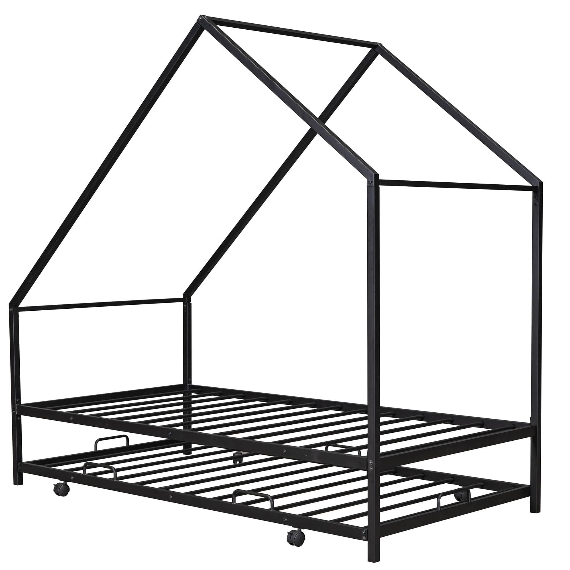 Twin Size Metal Tent House Bed Frame with Twin Trundle Bed