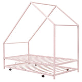 Twin Size Metal Tent House Bed Frame with Twin Trundle Bed