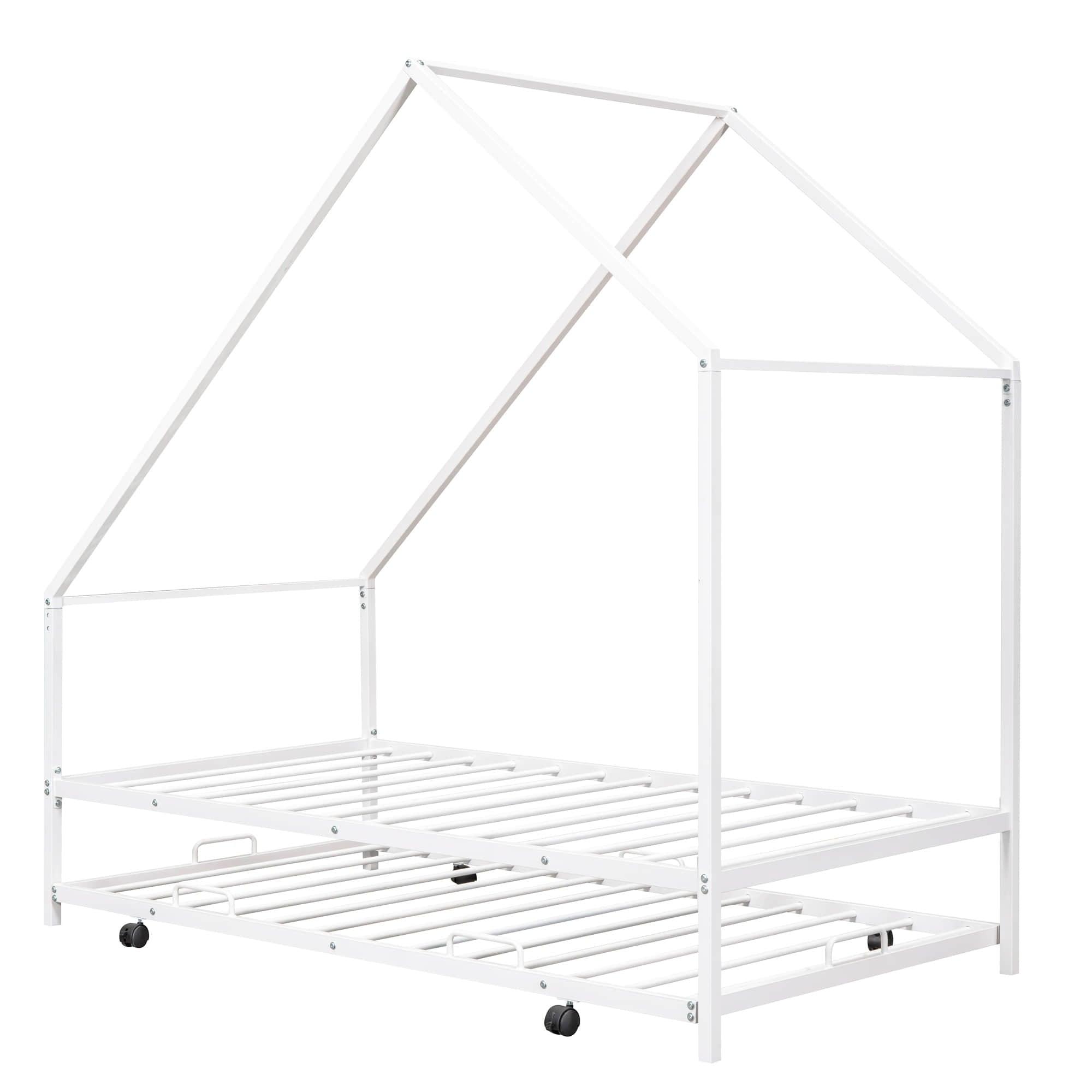 Twin Size Metal Tent House Bed Frame with Twin Trundle Bed