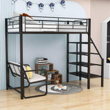 Metal Twin Loft Bed with Stairs and Couch, Storage Shelves for Kids, Adult