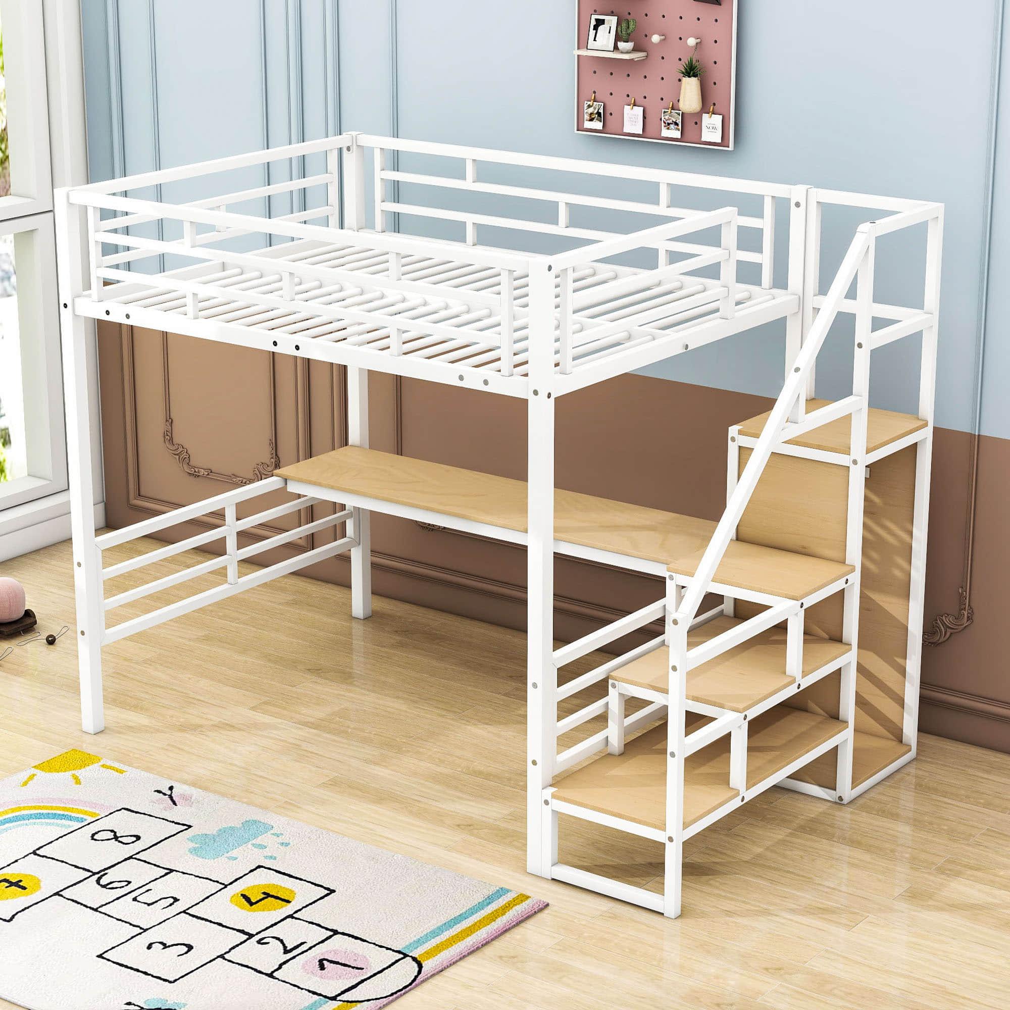 Full Size Loft Bed with Desk and Storage Stairs for Kids, Adult - [Wardrobe, Convertible]