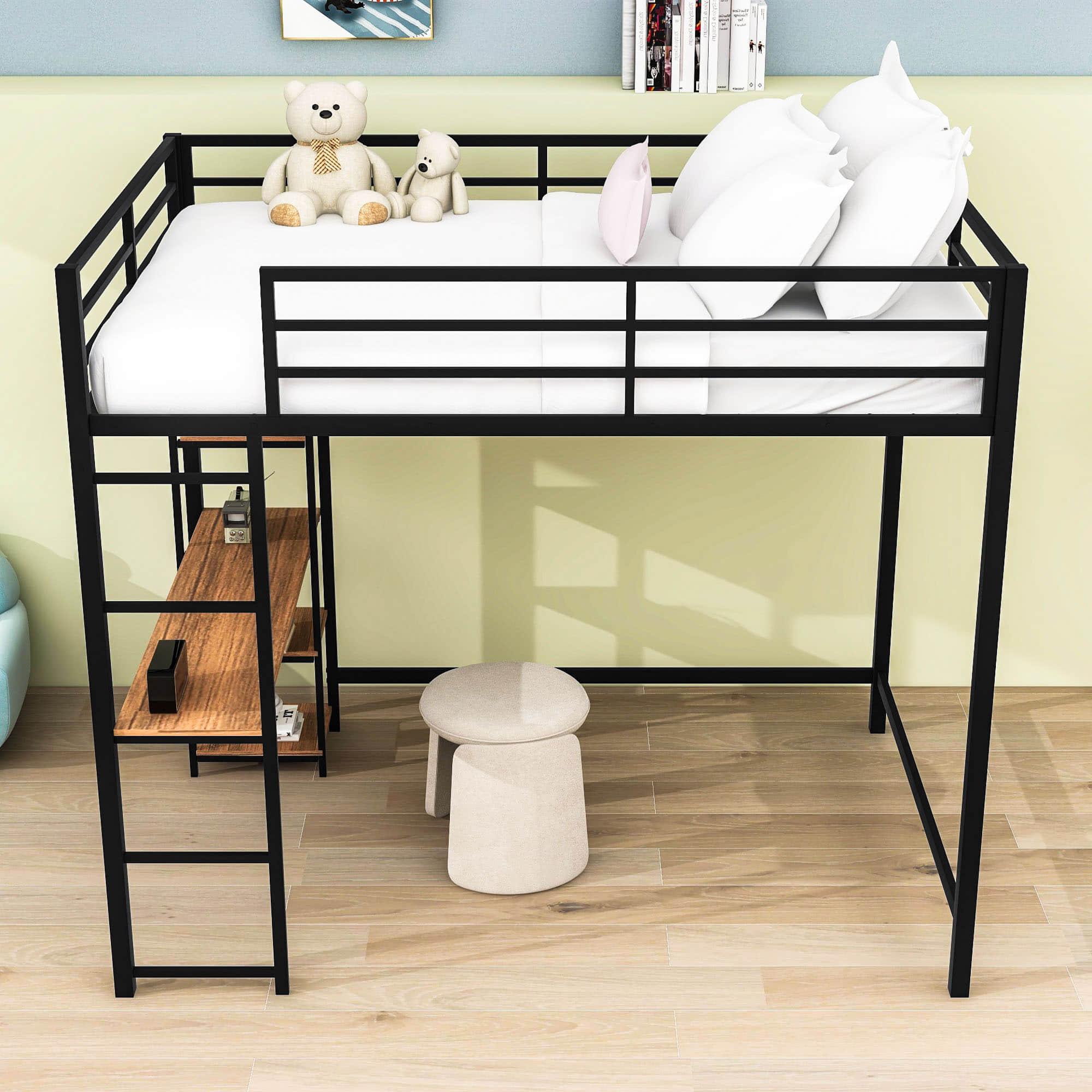 Full Size Metal Loft Bed with Desk and Storage Shelves for Kids, Adults