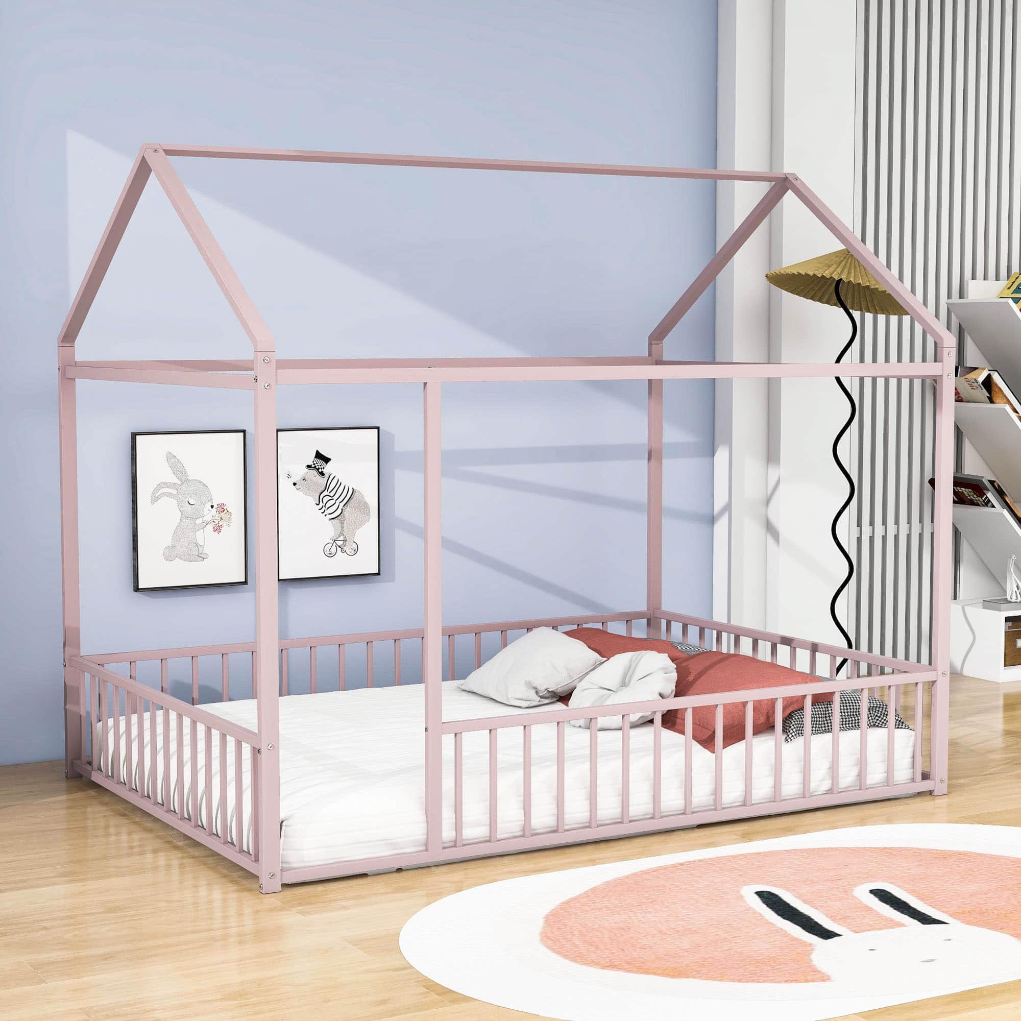 Full Size Metal House Toddler Floor Bed with Rails for Boys and Girls