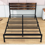 Rustic Queen Size Metal Bed Frame with Vintage Wood Headboard