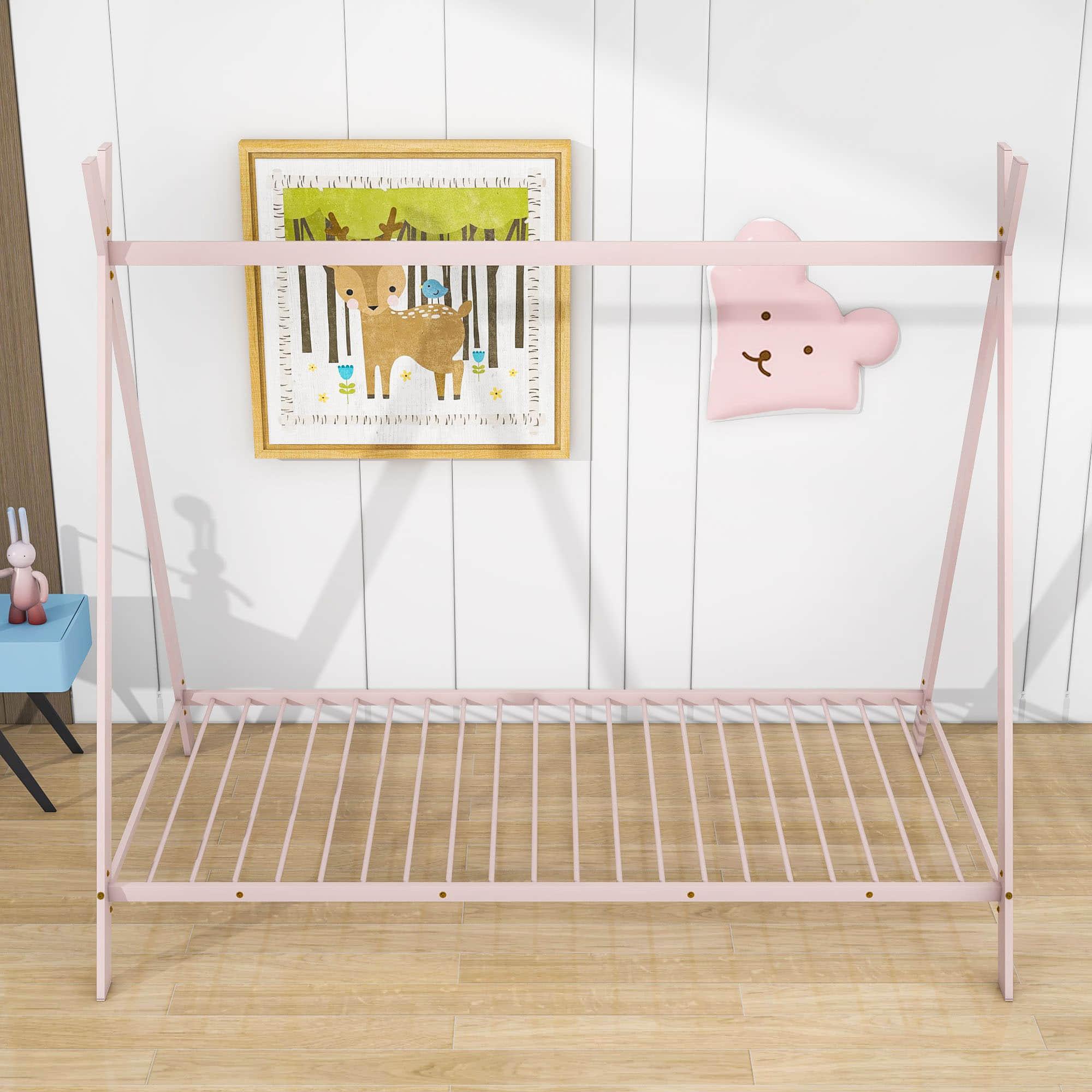 Twin Size Low Profile Metal Tent Montessori Bed Frame with Slats