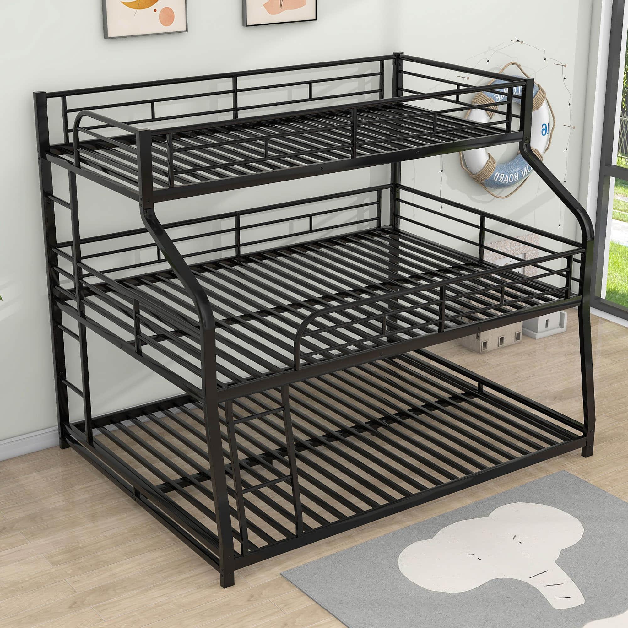 Modern Low Twin XL Over Full XL Over Queen Triple Bunk Beds for Kids - [Metal, Floor]