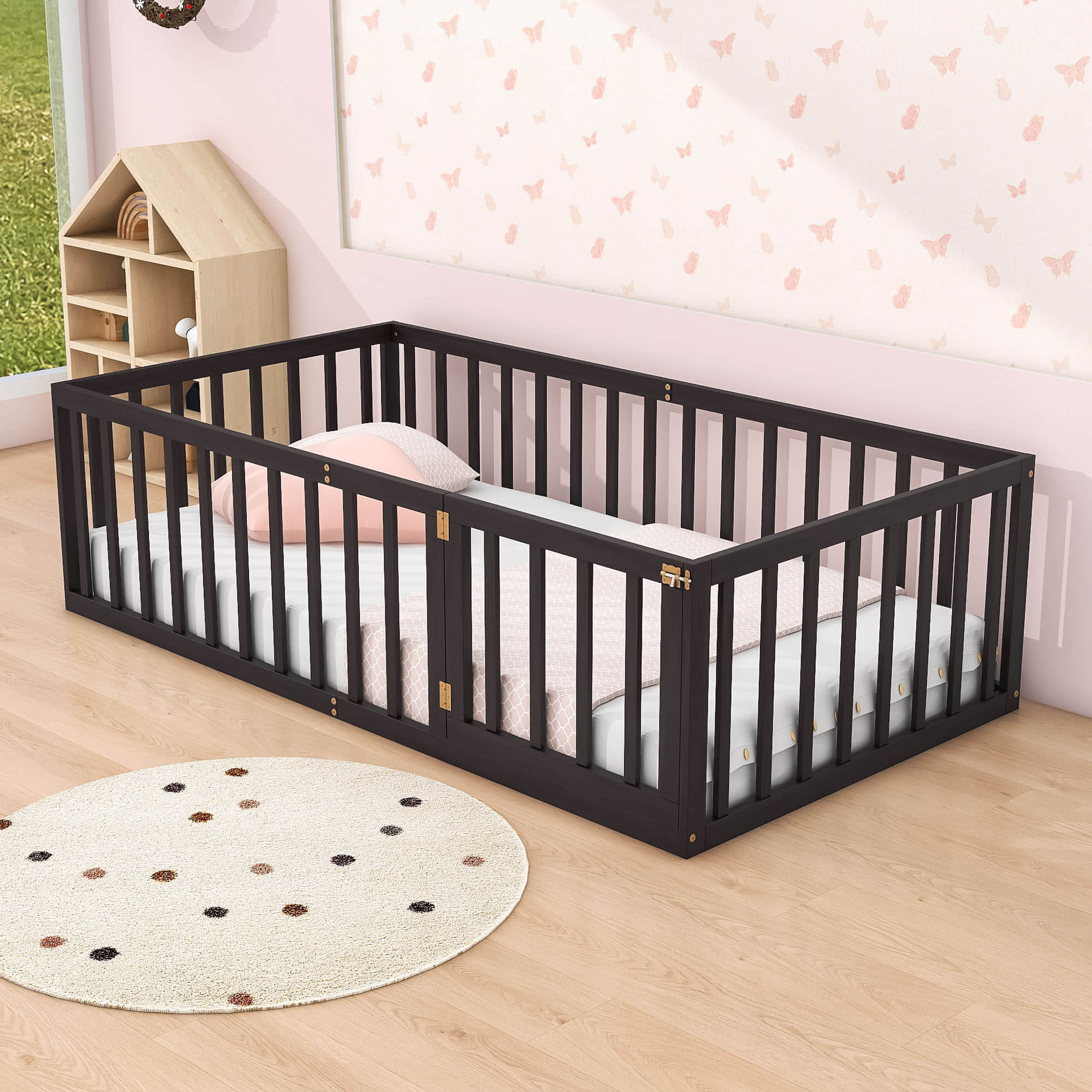 Wood Twin Size Montessori Toddler Floor Bed Frame with Rails and Door