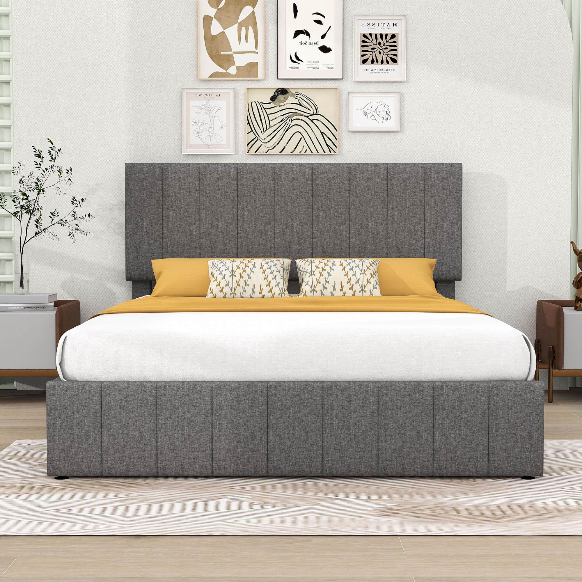 Modern Queen Upholstered Bed Frame with Storage - Hydraulic Lift System