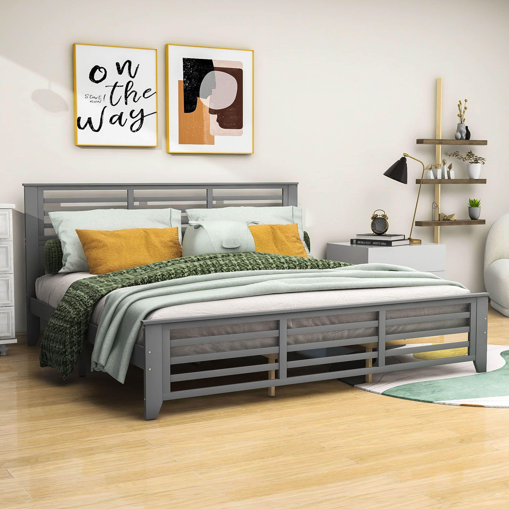 Wooden King Size Platform Bed with Open-Frame Headboard