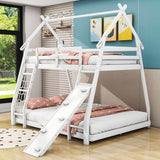 Low Twin Over Queen House Bunk Beds with Climbing Ramp & Nets - [Wooden]