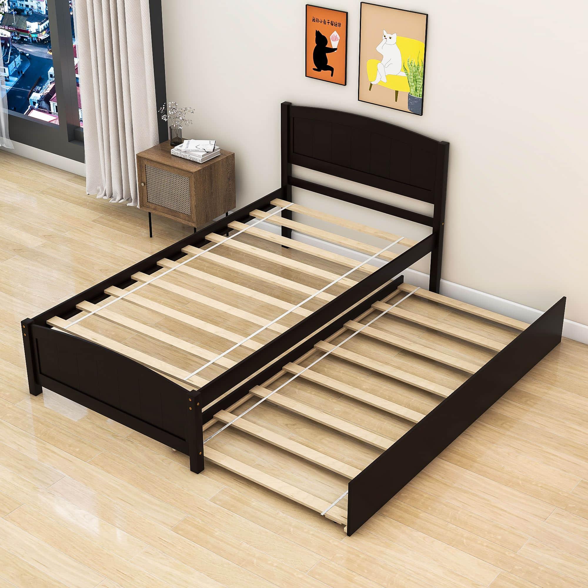 Twin Platform Bed Frame with Twin Trundle and Headboard