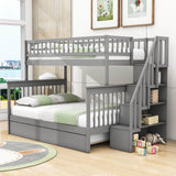 Wooden Twin Over Full Bunk Bed with Stairs and Trundle, Storage Shelves