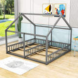 Montessori Double Twin House Floor Bed with Rails for Kids, Toddler