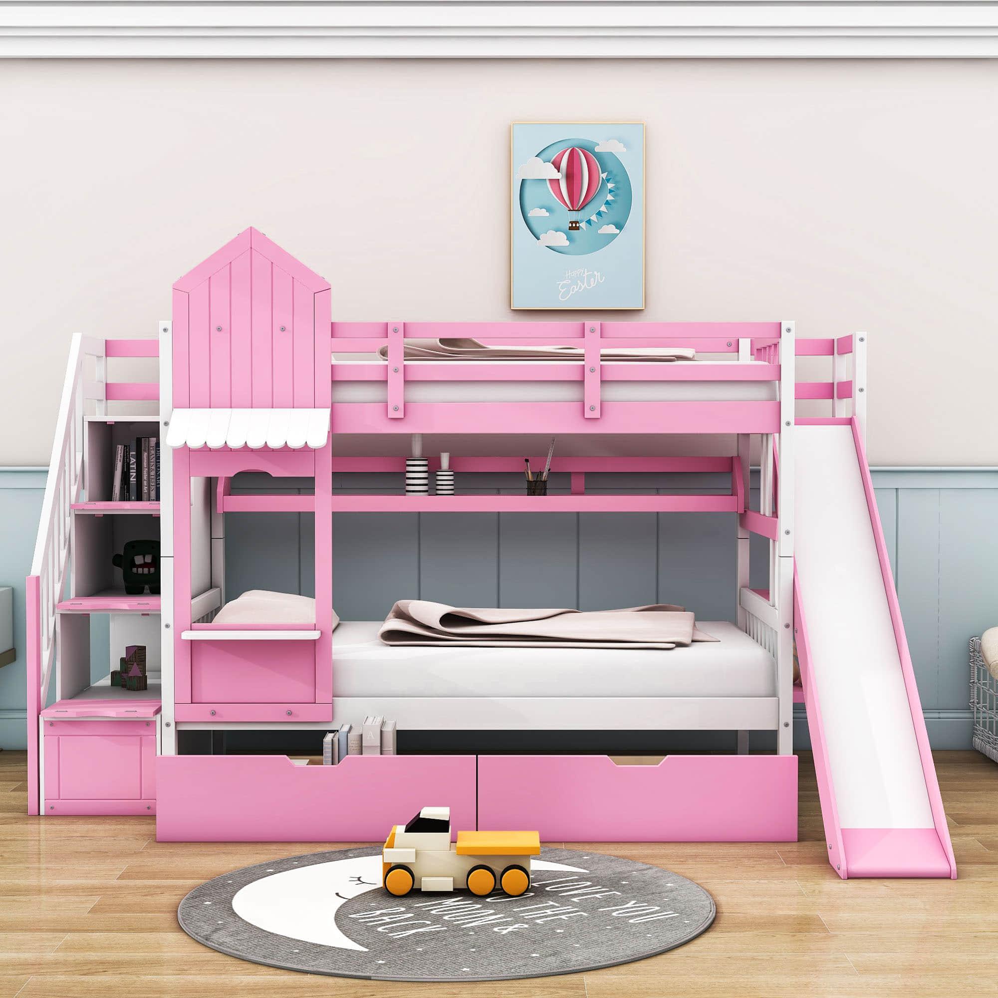 Girls Twin Over Twin Castle Bunk Bed with Slide and Stairs, Storage