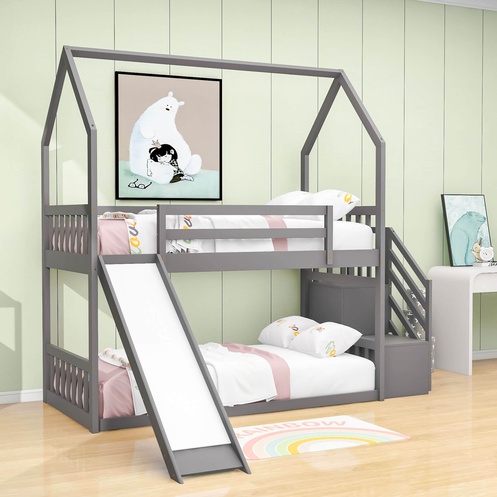 Low Twin Loft House Bunk Beds for Kids with Stairs and Slide - [Convertible]