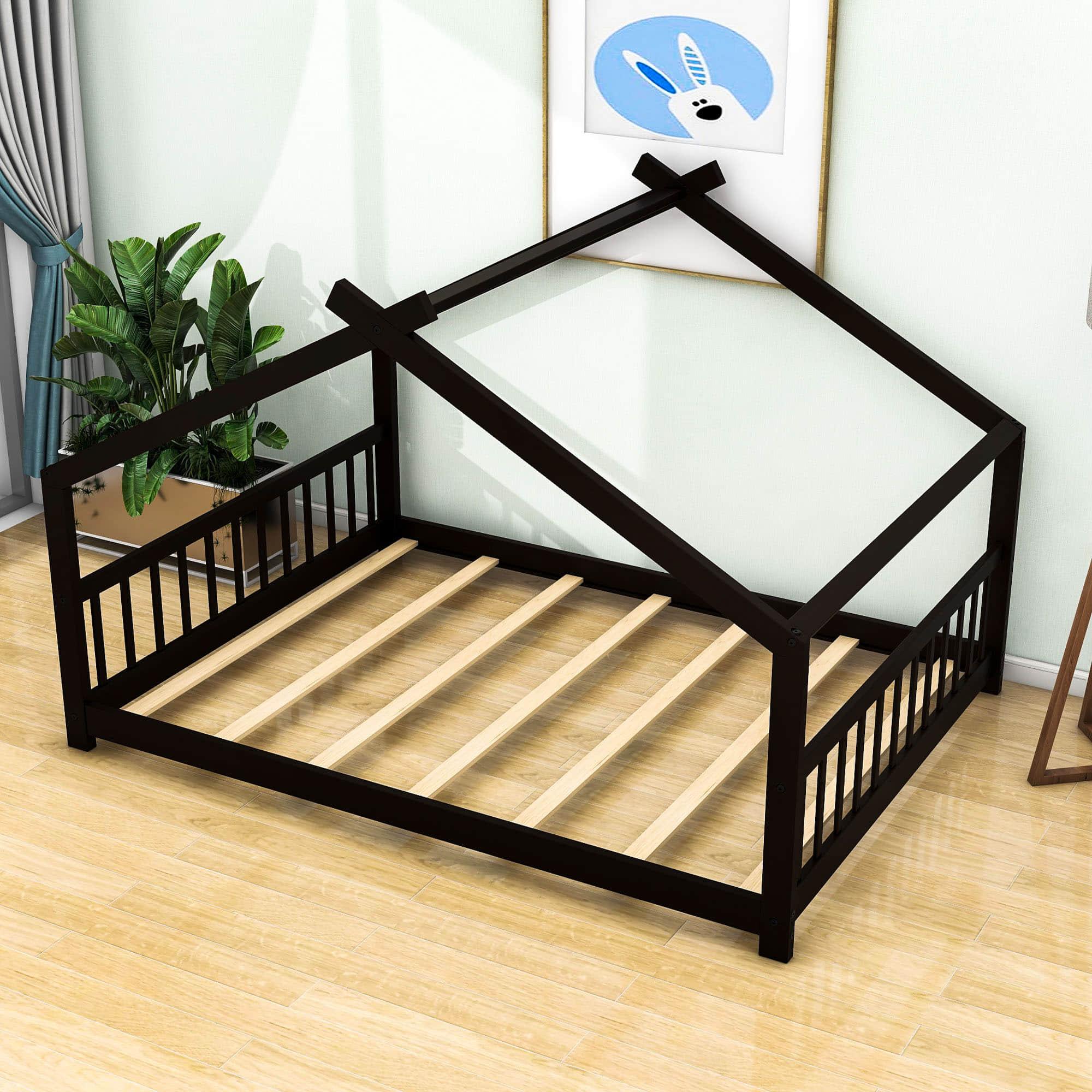 Wooden Full Size Low House Bed Frame for Toddler, Kids