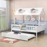 Wooden Full Size Kids House Bed with Rails and Twin Trundle Bed