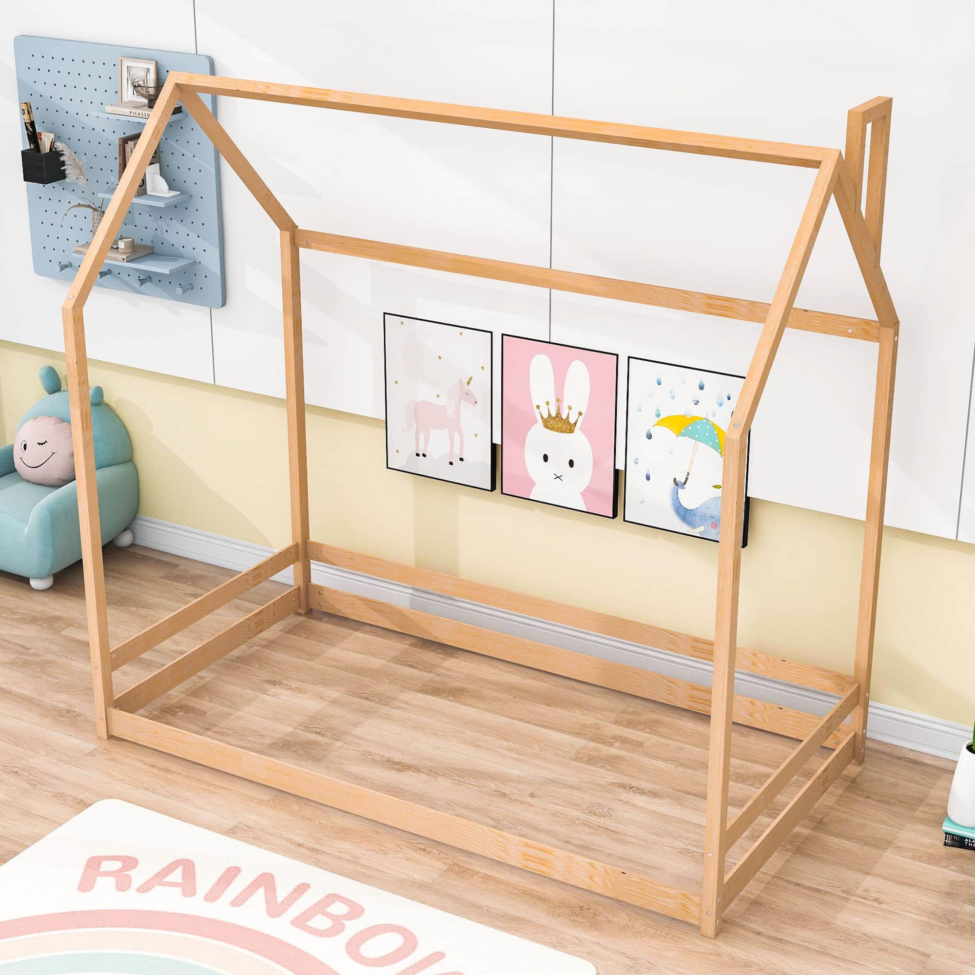 Solid Wood Twin House Toddler Floor Bed