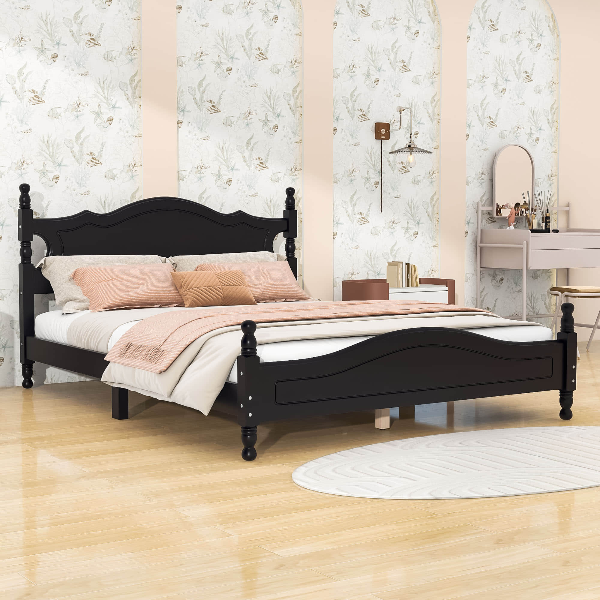 Traditional Wood Queen Size Low Profile Platform Bed Frame with Headboard