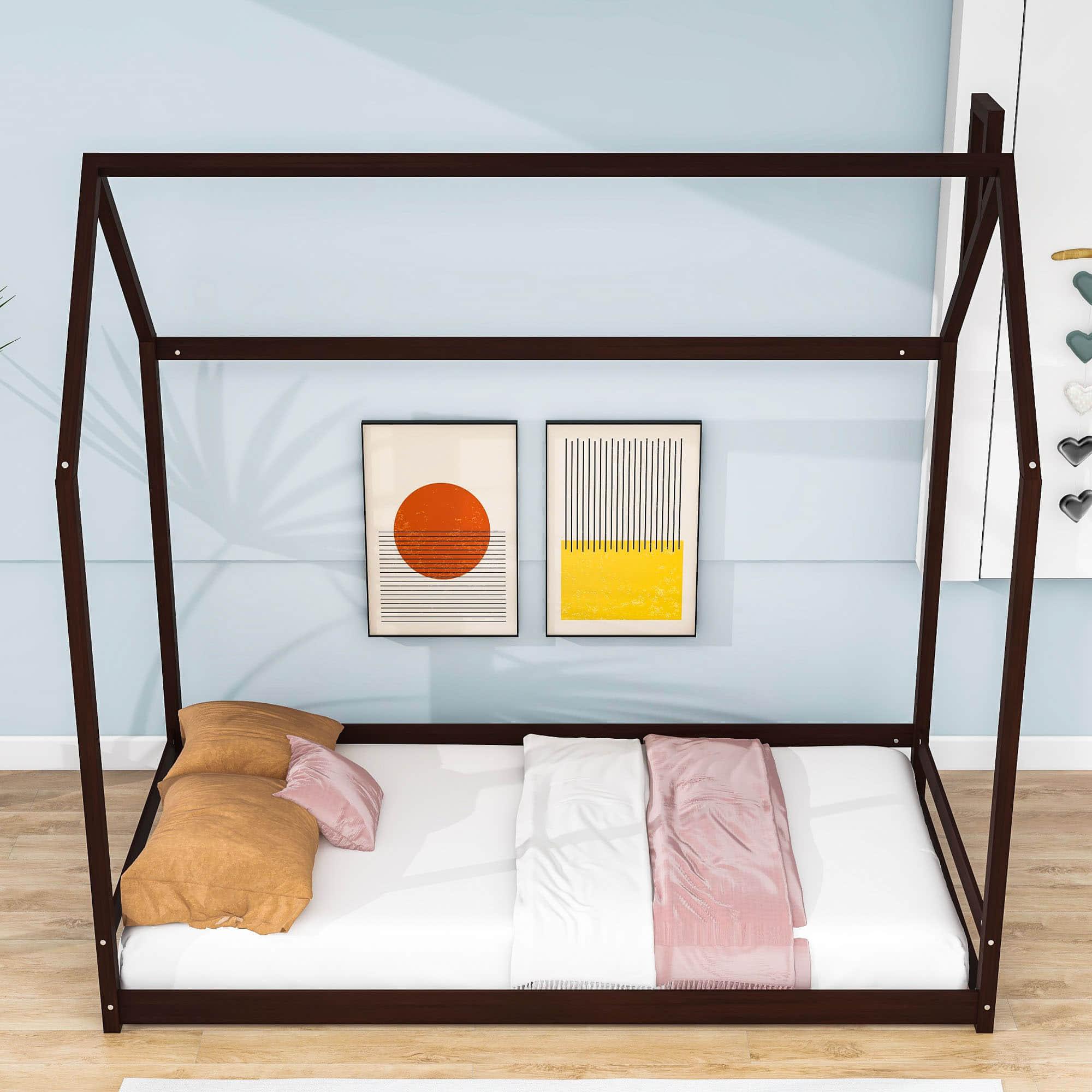 Solid Wood Twin House Toddler Floor Bed