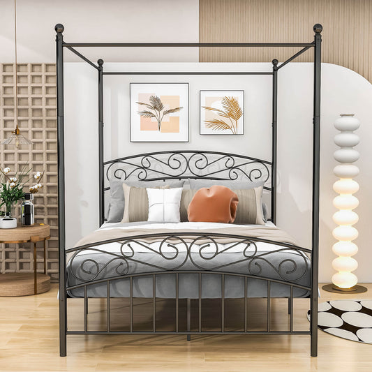 Black Metal Queen Canopy Bed Frame with Vintage Headboard