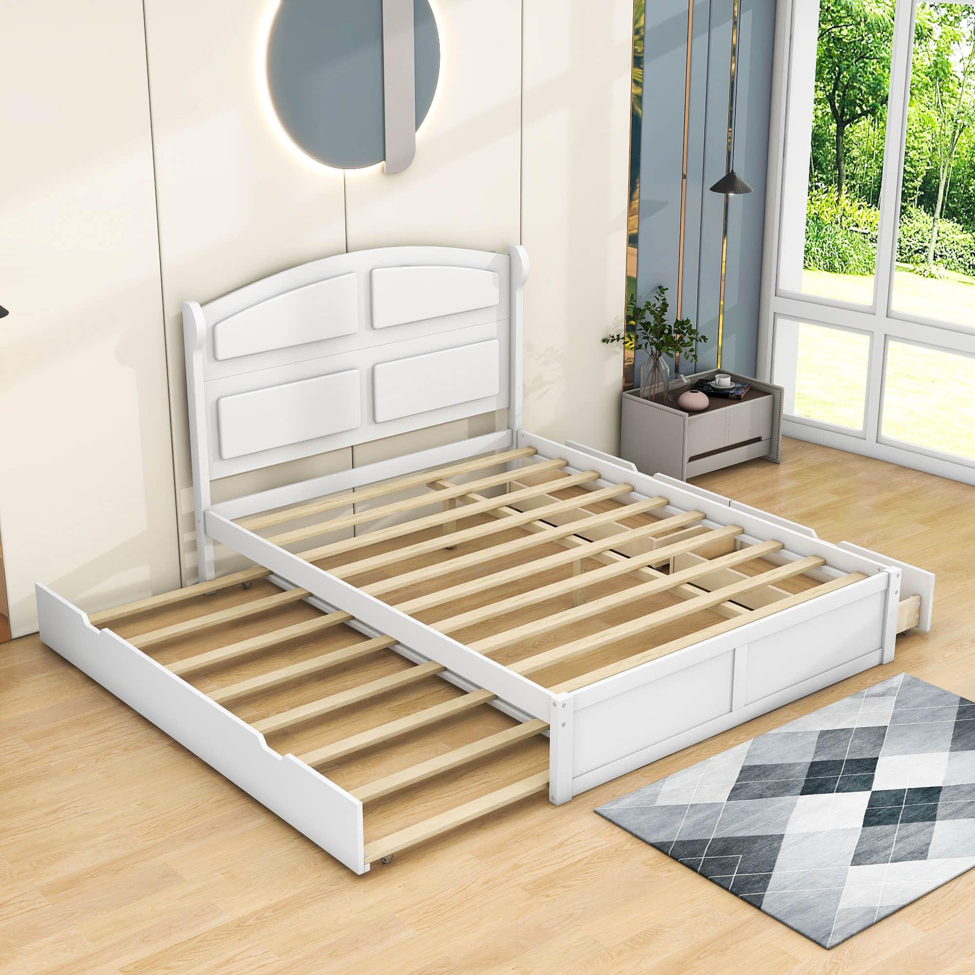 Wooden Queen Size Platform Bed with Twin Trundle Bed and Storage - [Headboard]