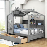 Kids Wooden Full Size House Bed with Storage Drawers, Shelves