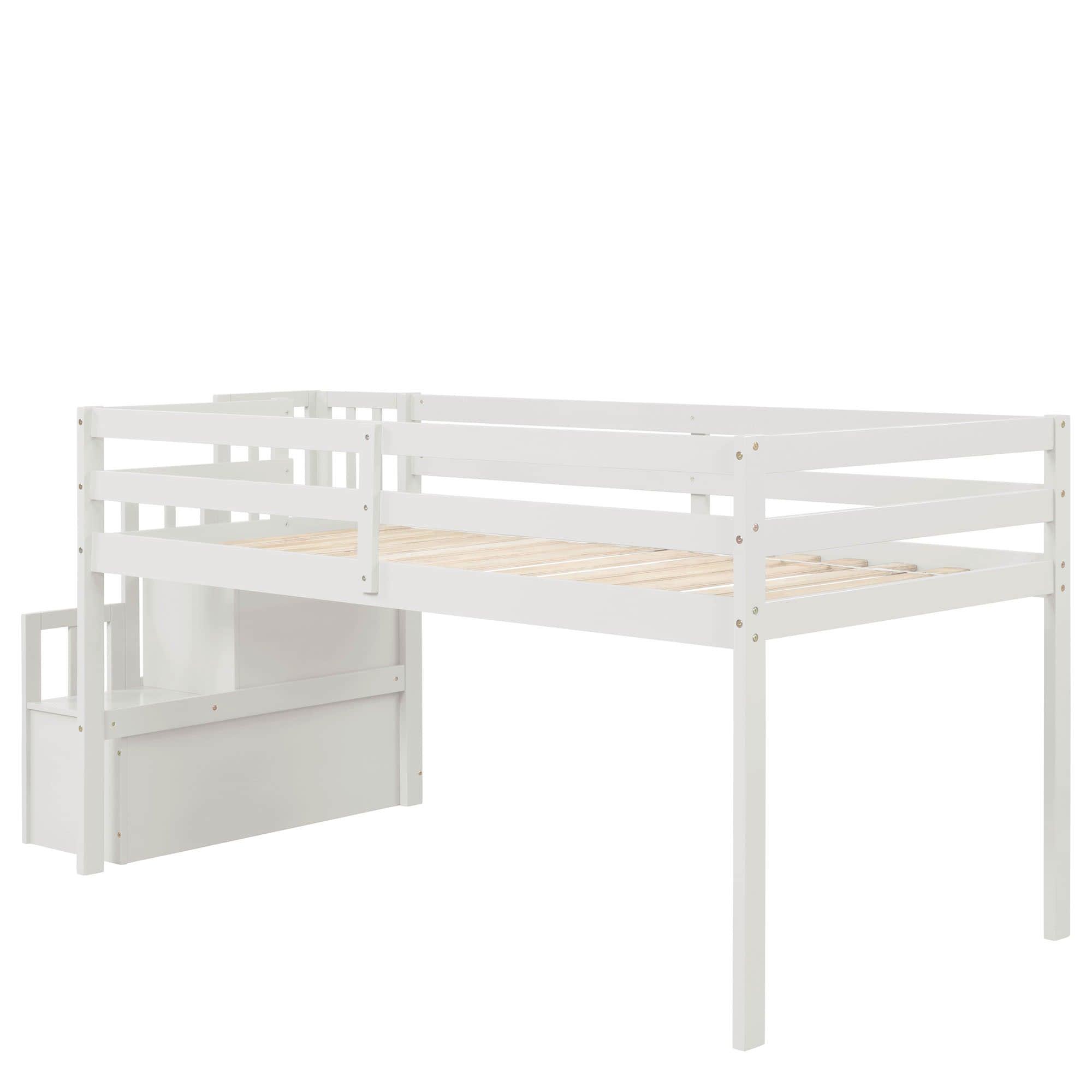 Wood Low Twin Loft Bed with Stairs and Storage for Kids, Toddler - [Shelves]