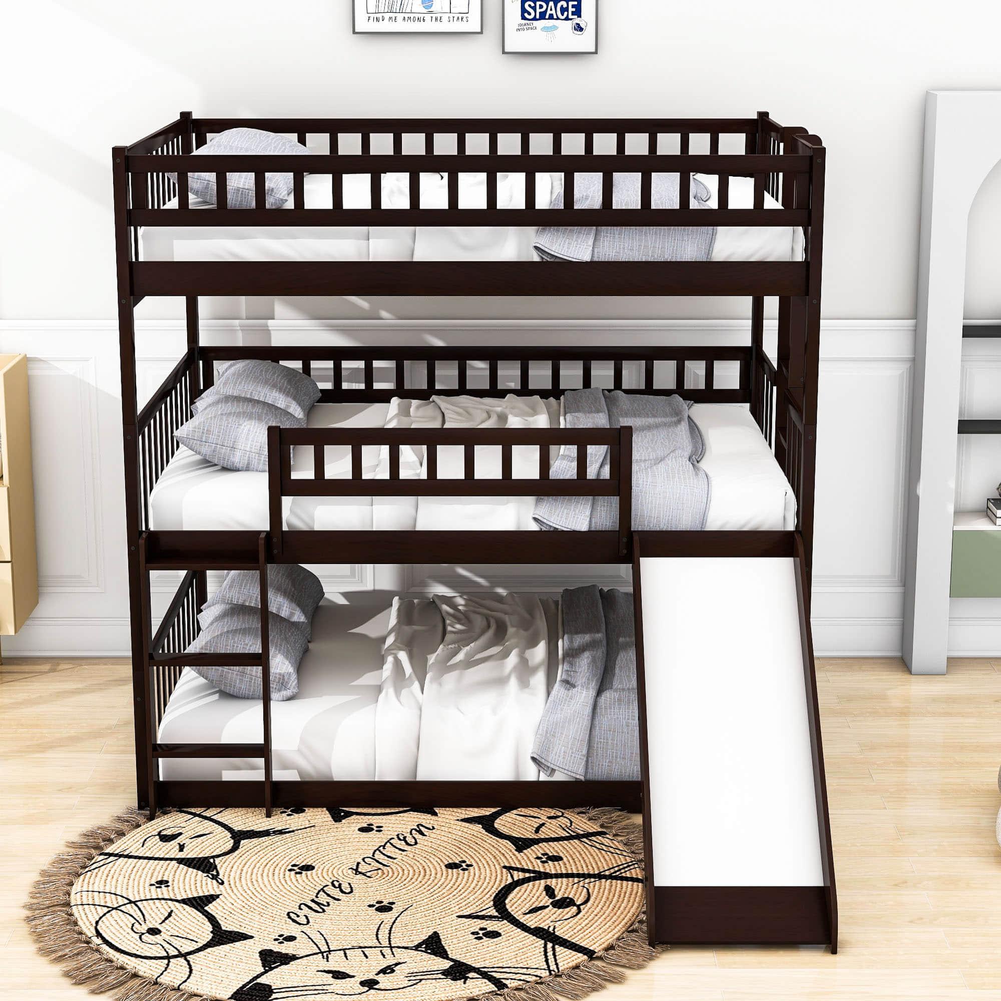 Low Triple Full Size Bunk Beds with Slide for Kids Toddler - [Wooden, Floor]