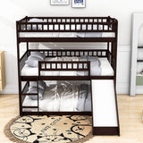 Low Triple Full Size Bunk Beds with Slide for Kids Toddler - [Wooden, Floor]