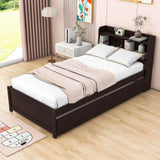 Wooden Twin Platform Bed with Twin Trundle Bed and Storage Headboard - [Shelves]