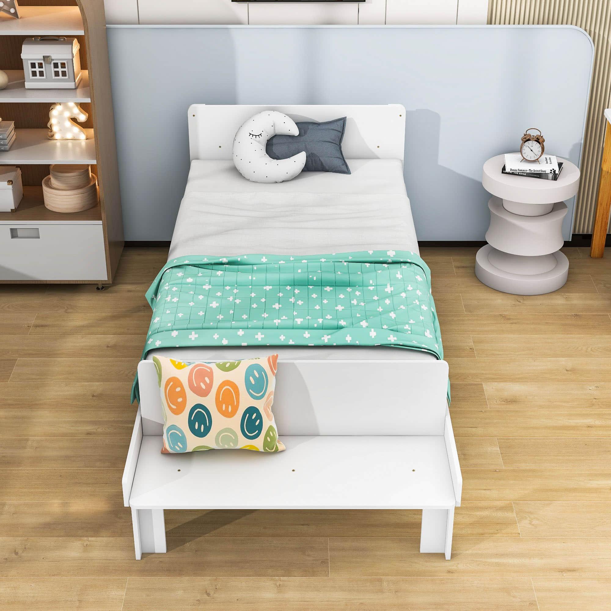 Kids Bed Frame with Headboard and Footboard Bench