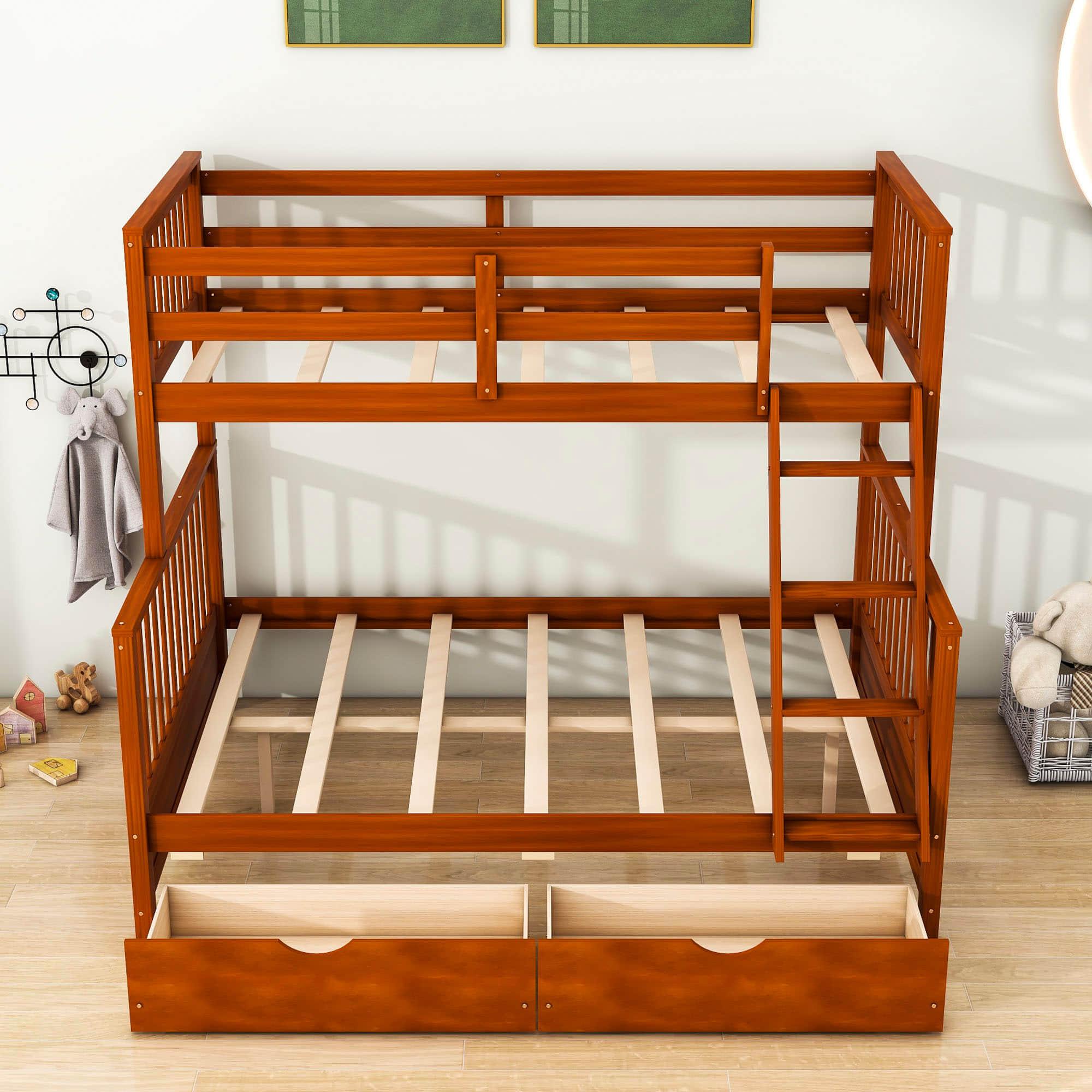 Wooden Classic Twin Over Full Bunk Bed with Ladder and Storage Drawers