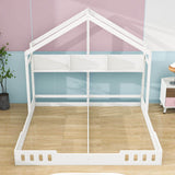 White Double Shared Twin Size House Toddler Floor Bed Frame with Rails