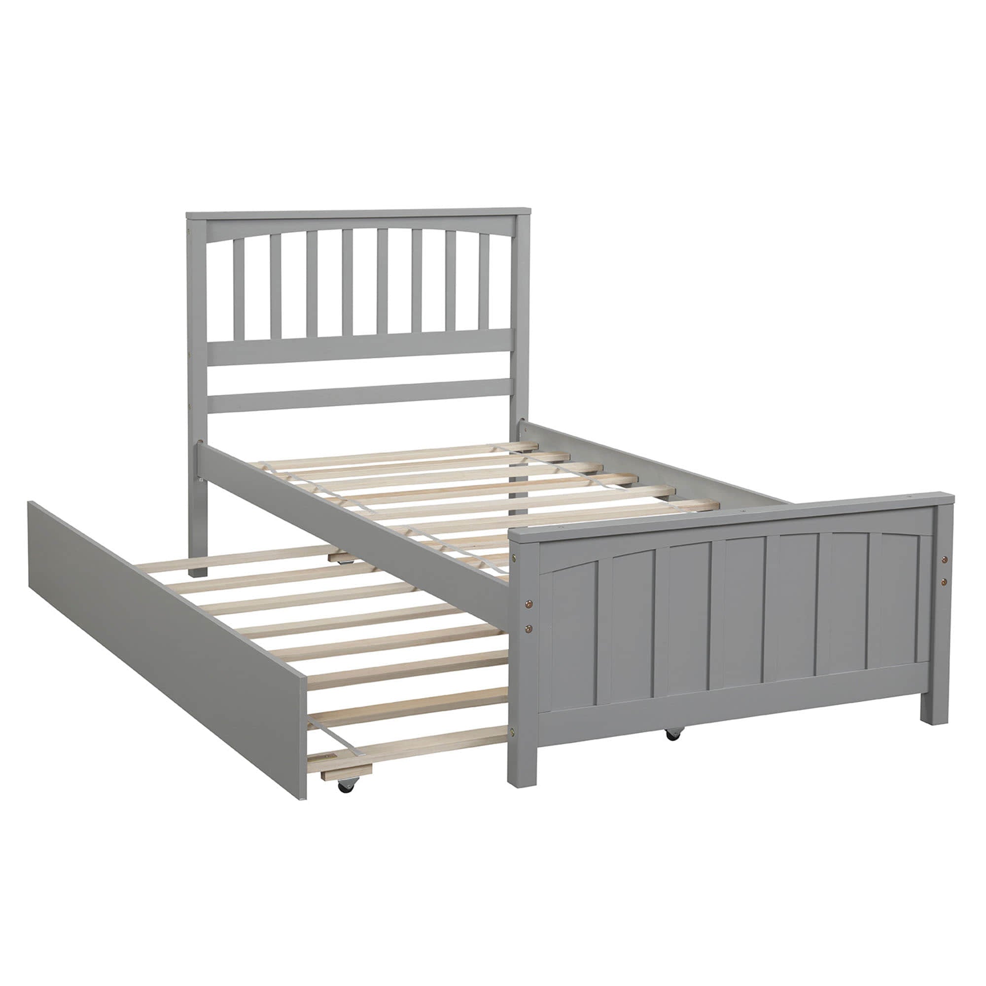 Twin Size Wood Platform Bed with Twin Trundle and Headboard