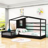 Wooden Montessori Twin Size House Double Kids Bed with Rails