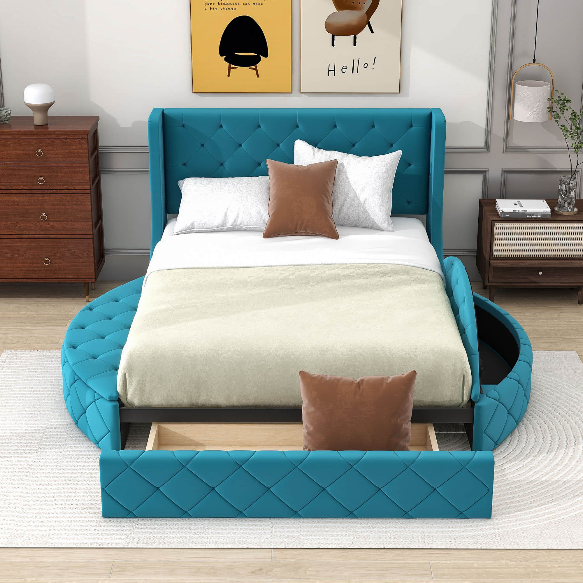 Upholstered Queen Platform Bed Frame with Wingback Headboard and Storage