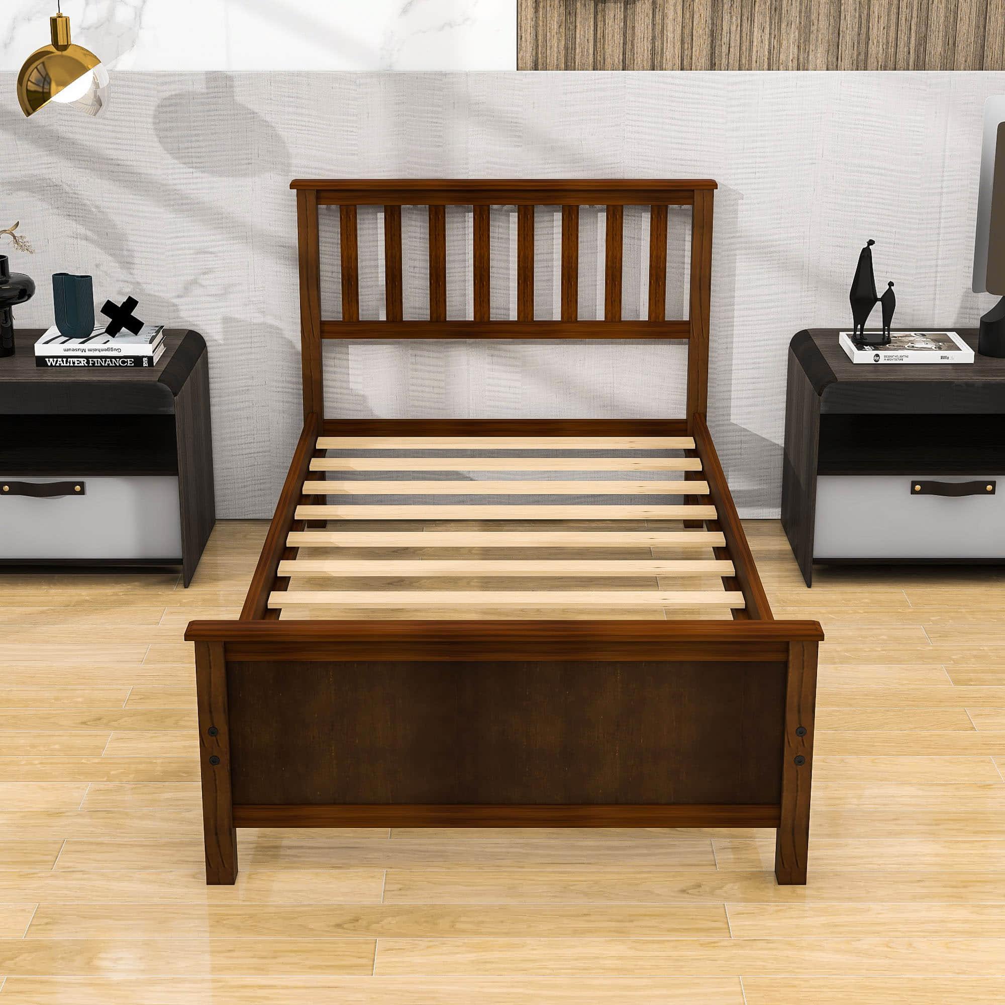 Wooden Twin Platform Bed with Headboard for Kids, Adult