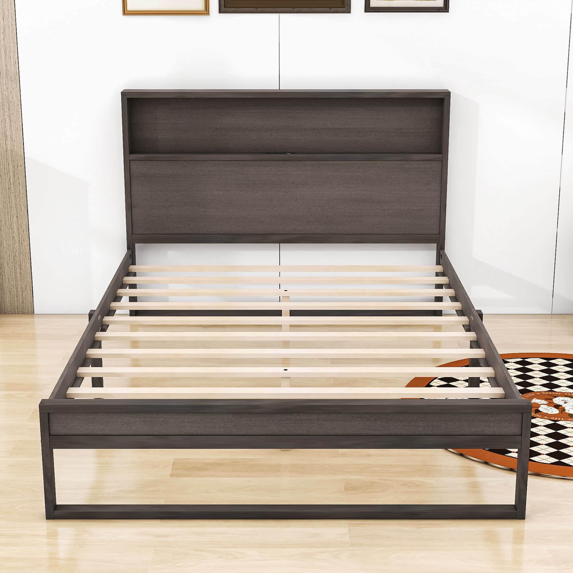 Smart Rustic Farmhouse Queen Size Platform Bed with Storage Headboard - [Sockets, USB Ports]