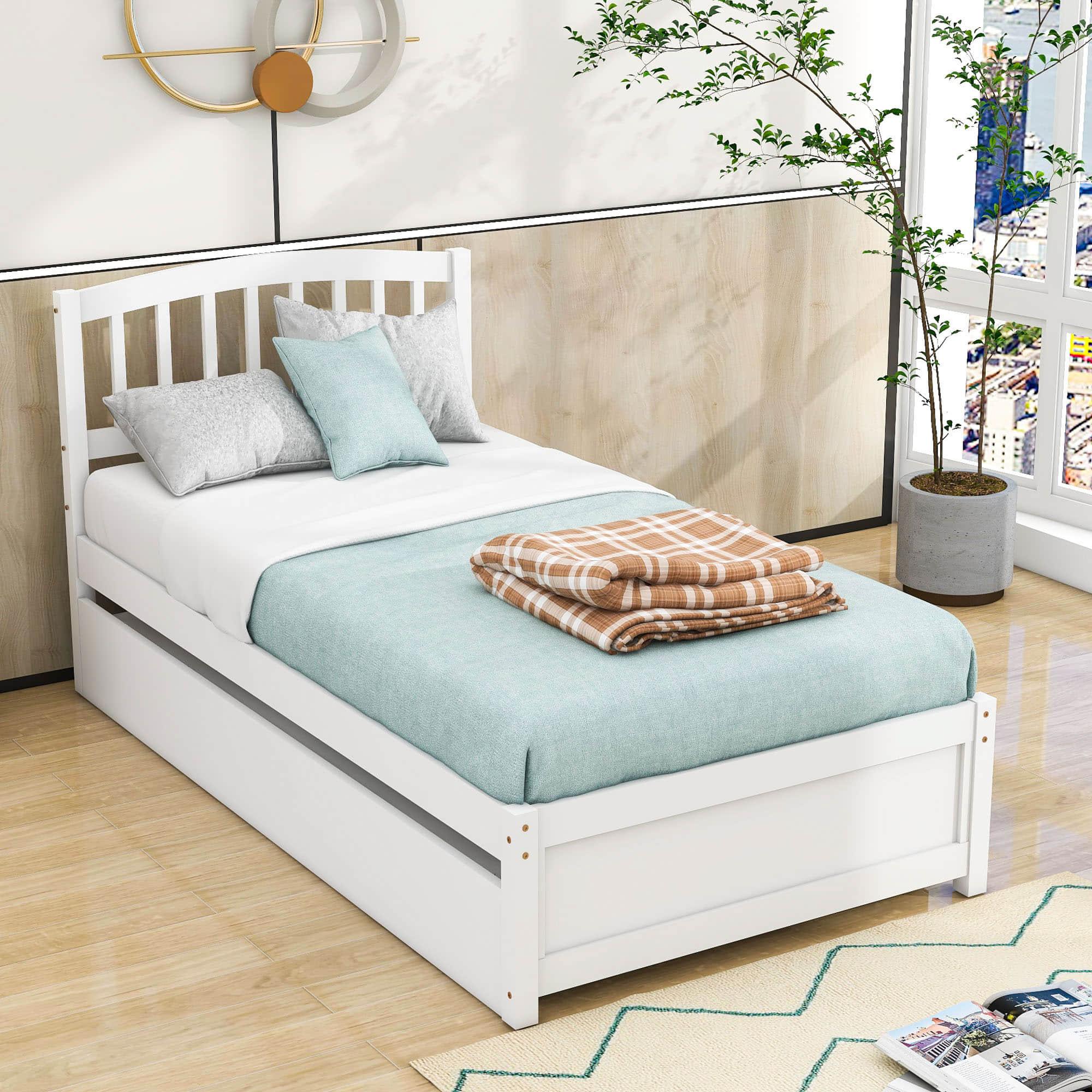 Wooden Twin Platform Bed with Trundle and Headboard