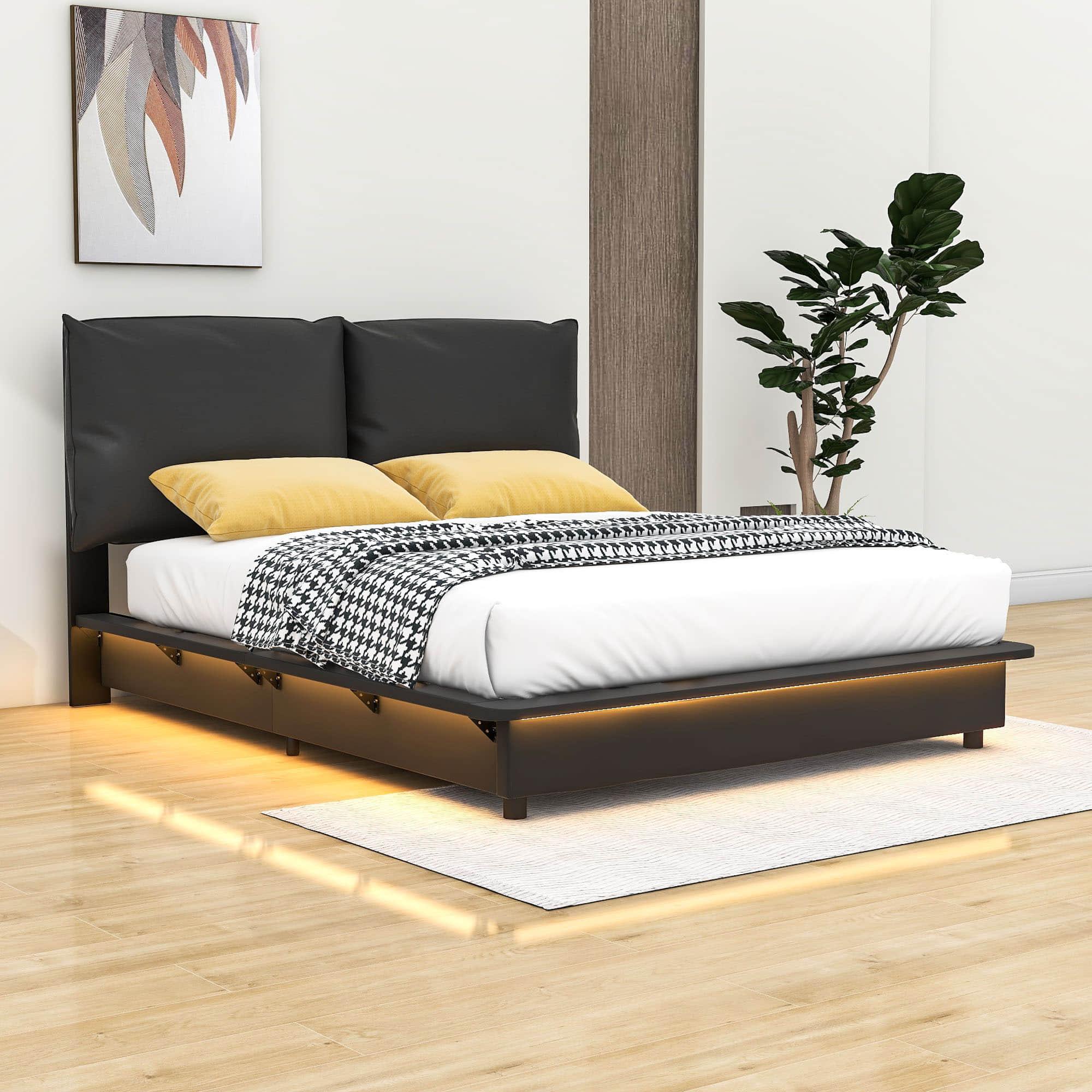 Upholstered Modern Queen Bed Frame with Headboard and LED Lights