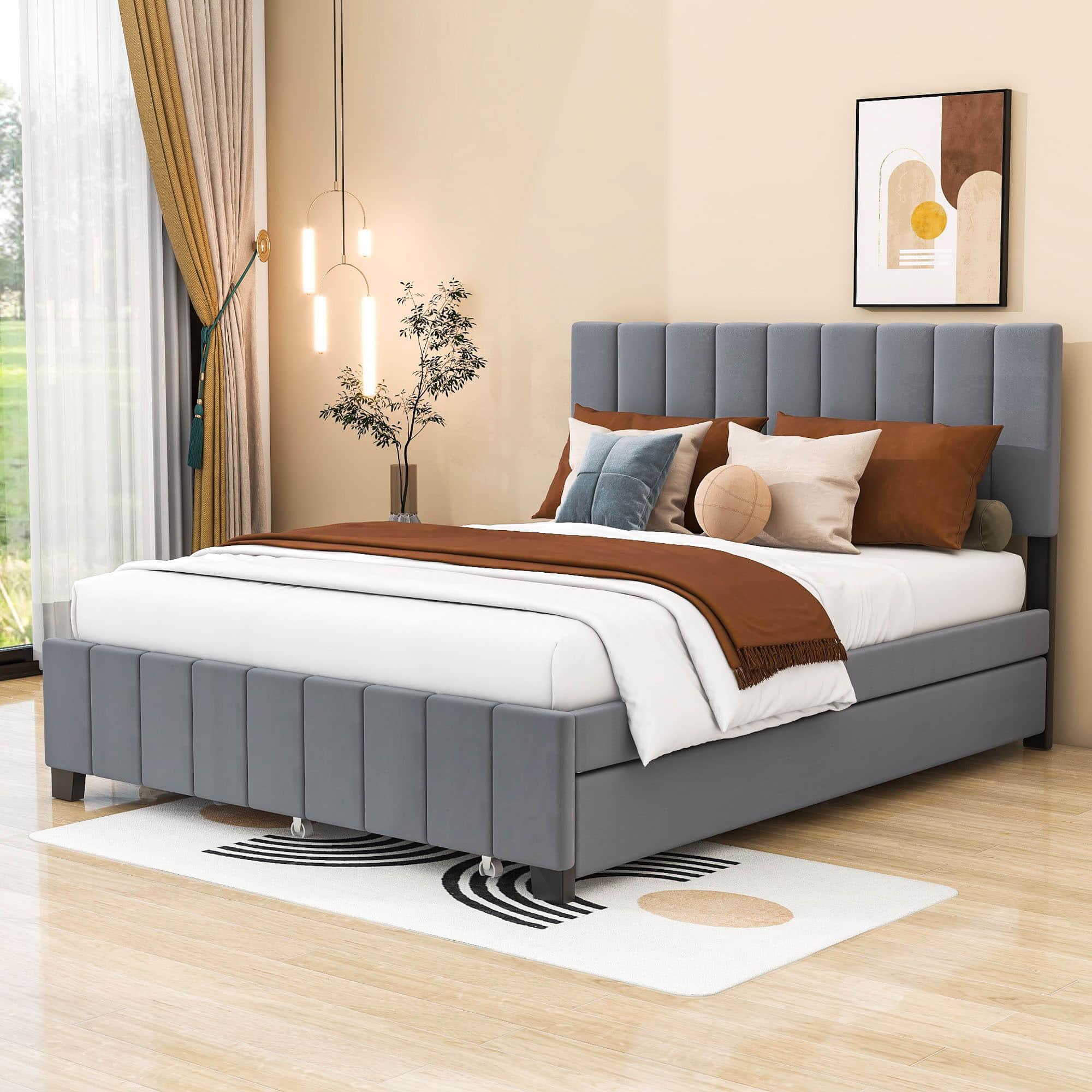 Velvet Upholstered Queen Size Platform Bed with Storage and Trundle