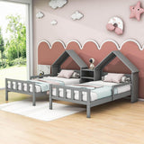 Double Twin Size Kids Platform Bed Frame with House-Shaped Headboard