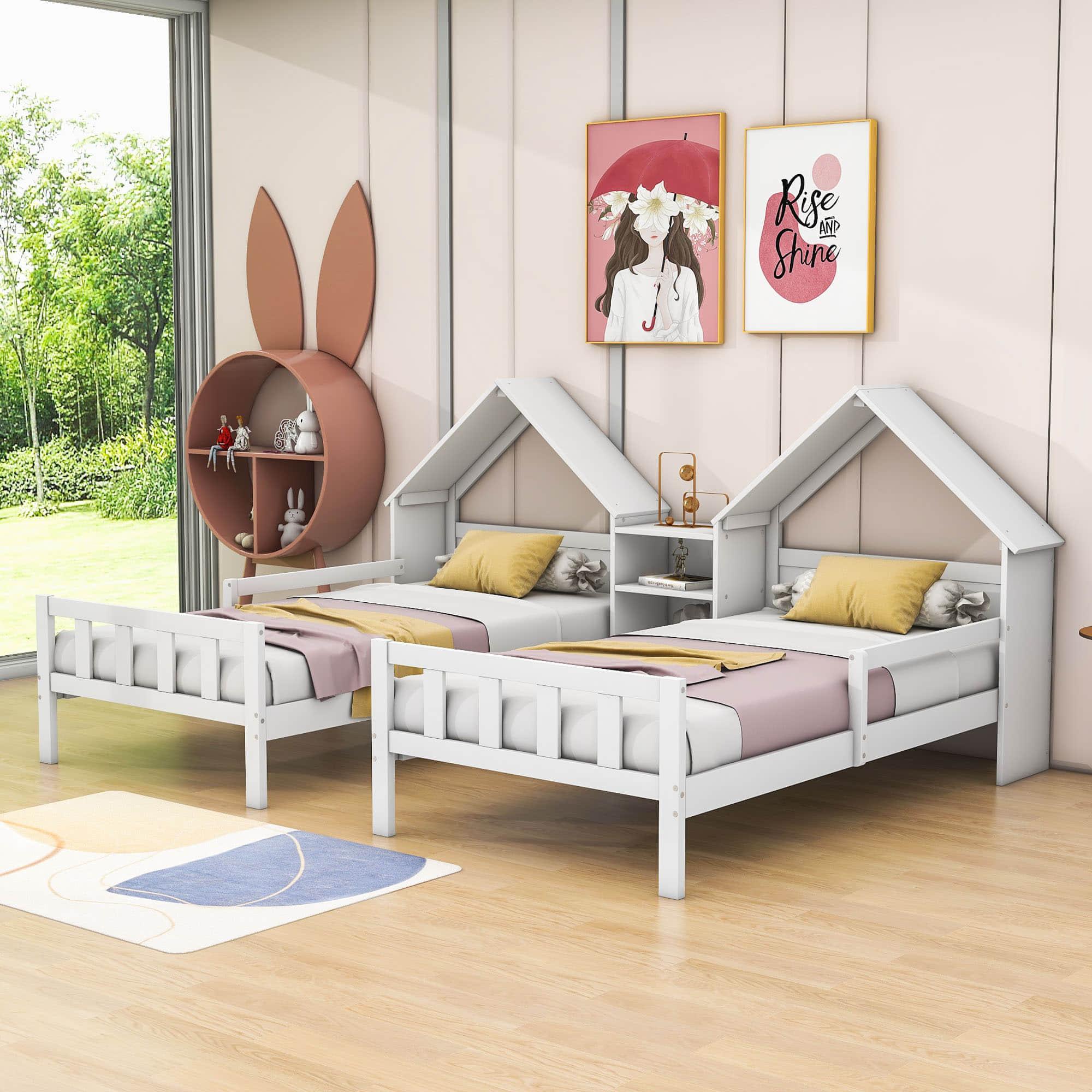 Double Twin Size Kids Platform Bed Frame with House-Shaped Headboard