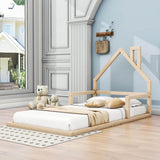 Wood Twin Toddler Floor Bed Frame with Rails and House-Shaped Headboard